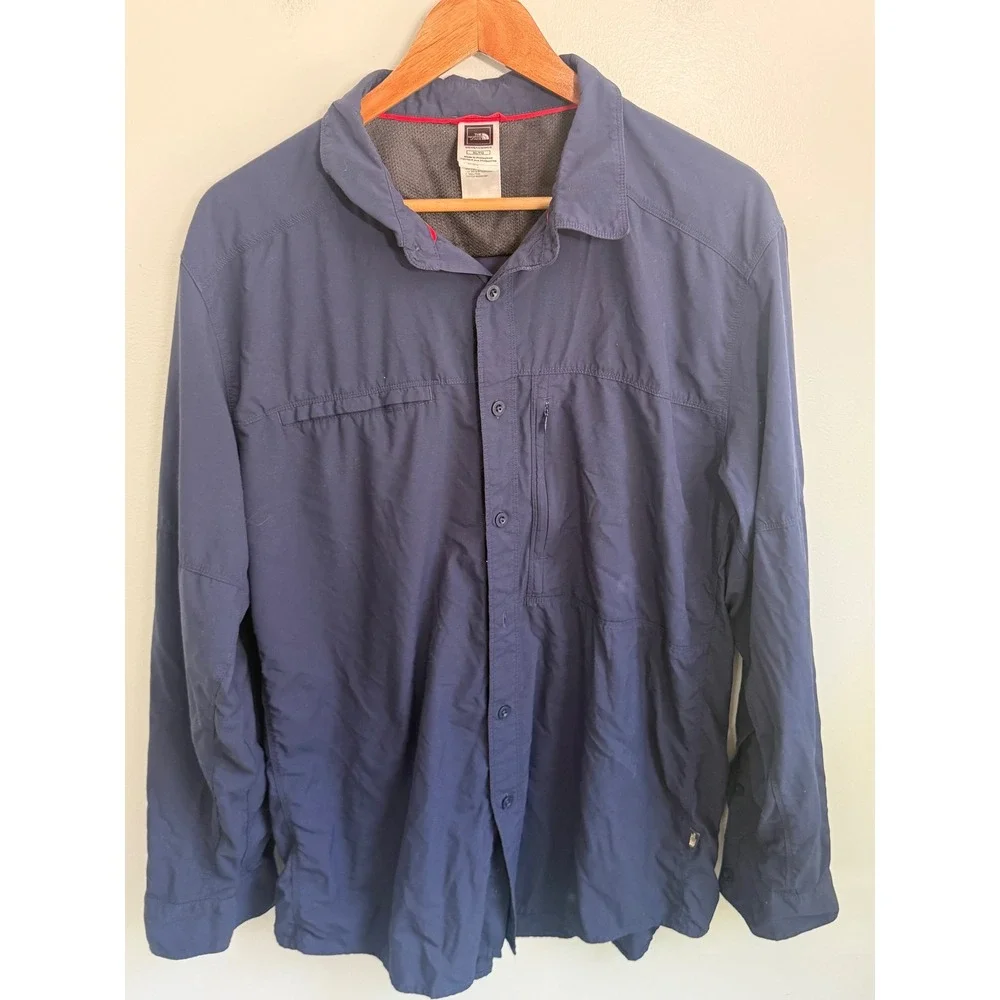 The North Face Mens XL Navy Blue Nylon Hiking Long Sleeve Button Down Shirt